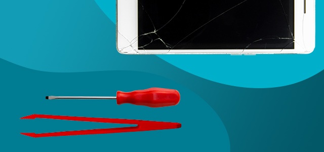 Assistência Técnica Smartphone com ecrã partido, uma chave de fendas e uma pinça sob um fundo azul