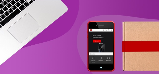Estado da Encomenda Smartphone vermelho do lado esquerdo com a respetiva embalagem do lado direito sob um fundo roxo