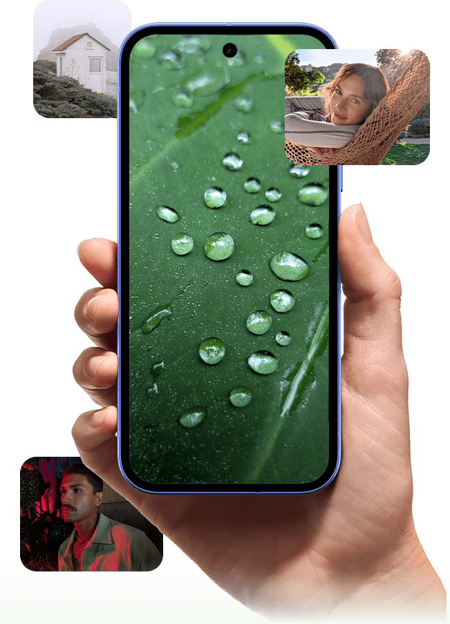 Imagem de estilo de vida ao ar livre de uma mulher a olhar para a câmara, com luz solar no fundo. Imagem de estilo de vida com tratamento de cor de um homem sob iluminação vermelha, à noite. Imagem abstrata em grande plano, em macro, de uma folha com gotículas de água, evidenciando fotografia de alta definição. Fotografia de longa distância do exterior de uma casa em condições de nevoeiro.